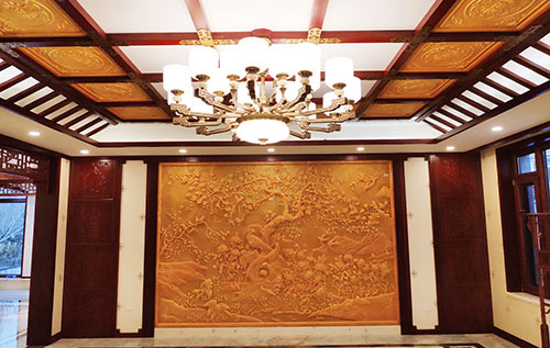 正安中式别墅客厅中式木作横梁吊顶装饰展示